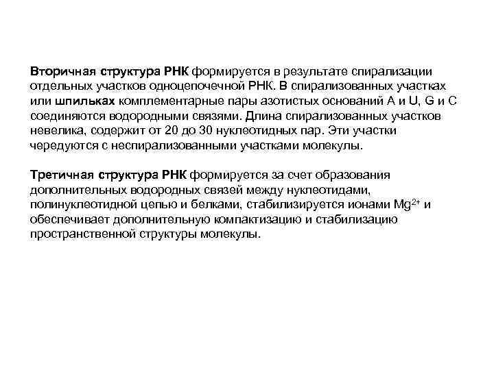 Вторичная структура РНК формируется в результате спирализации отдельных участков одноцепочечной РНК. В спирализованных участках