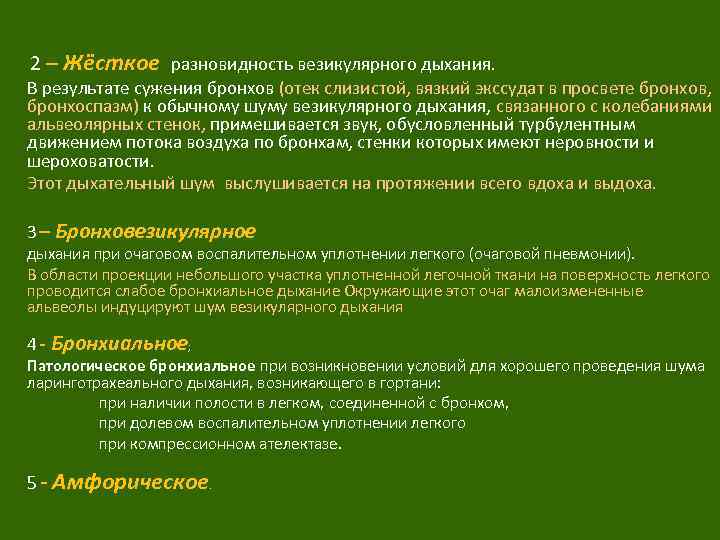  2 – Жёсткое разновидность везикулярного дыхания. В результате сужения бронхов (отек слизистой, вязкий