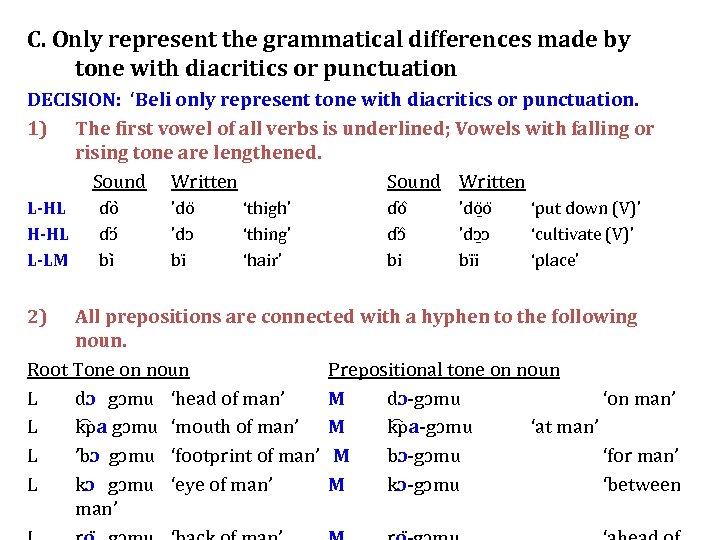 C. Only represent the grammatical differences made by tone with diacritics or punctuation DECISION: