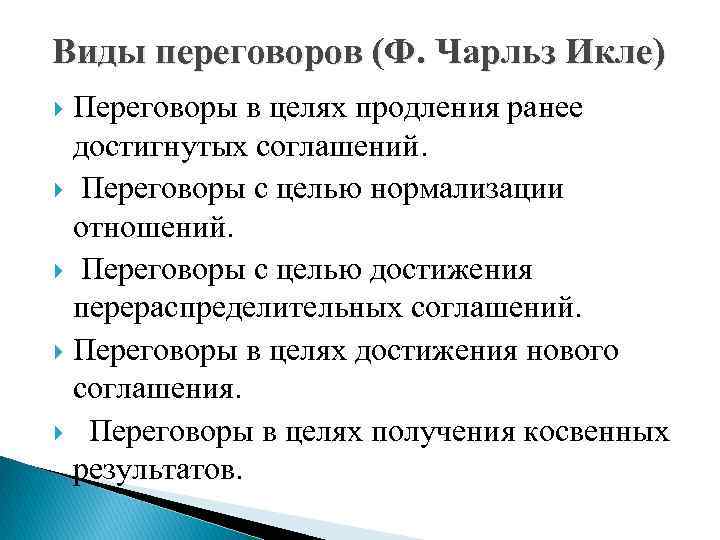 Виды переговоров (Ф. Чарльз Икле) Переговоры в целях продления ранее достигнутых соглашений. Переговоры с