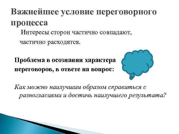 Важнейшее условие переговорного процесса Интересы сторон частично совпадают, частично расходятся. Проблема в осознании характера