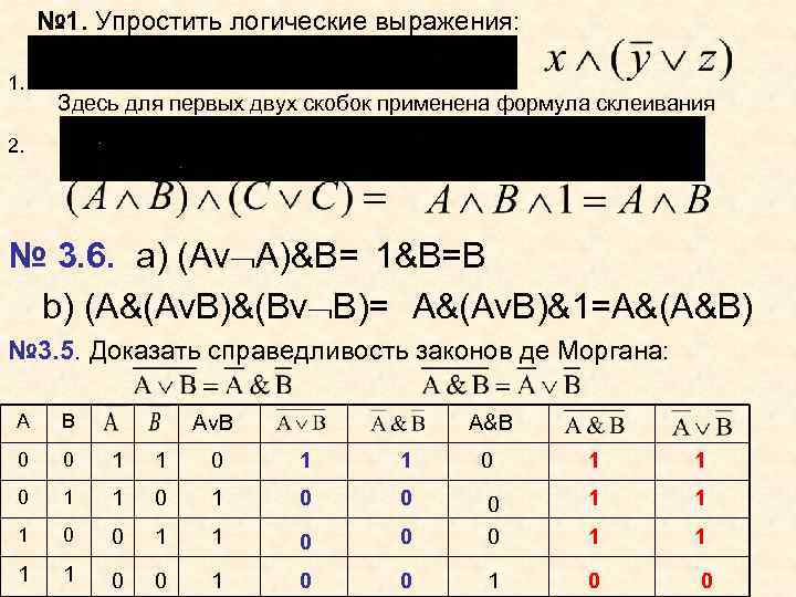 № 1. Упростить логические выражения: 1. Здесь для первых двух скобок применена формула склеивания