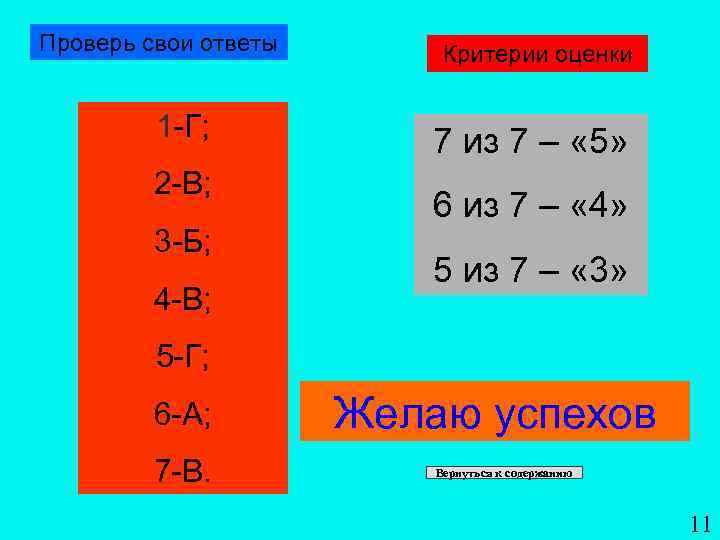 Проверь свои ответы 1 -Г; 2 -В; 3 -Б; 4 -В; Критерии оценки 7