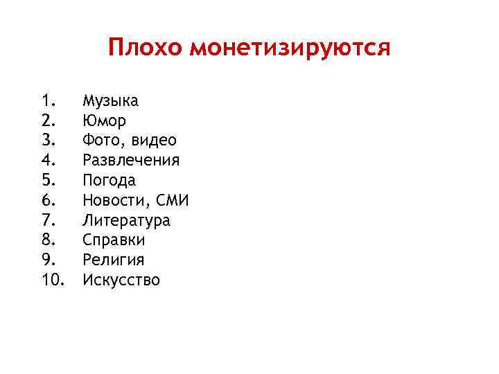Плохо монетизируются 1. 2. 3. 4. 5. 6. 7. 8. 9. 10. Музыка Юмор