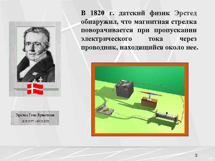 В 1820 г. датский физик Эрстед обнаружил, что магнитная стрелка поворачивается при пропускании электрического
