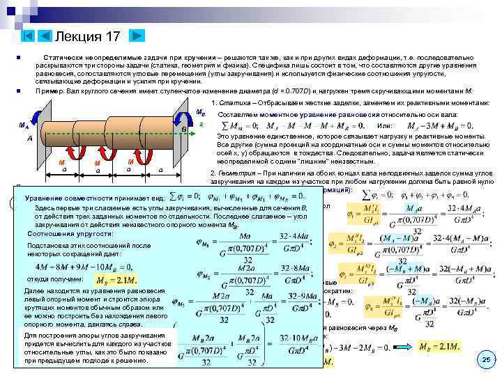 Лекция 17 Статически неопределимые задачи при кручении – решаются так же, как и при