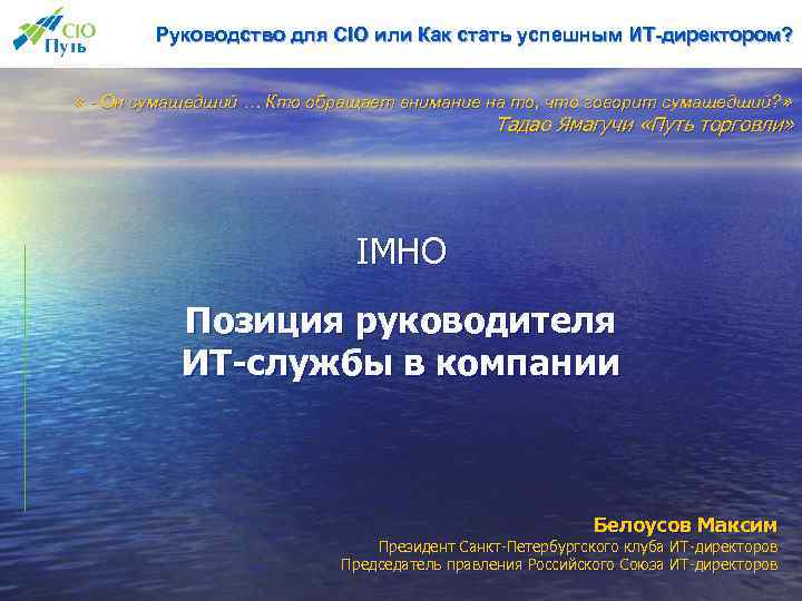 Руководство для CIO или Как стать успешным ИТ-директором? « - Он сумашедший … Кто