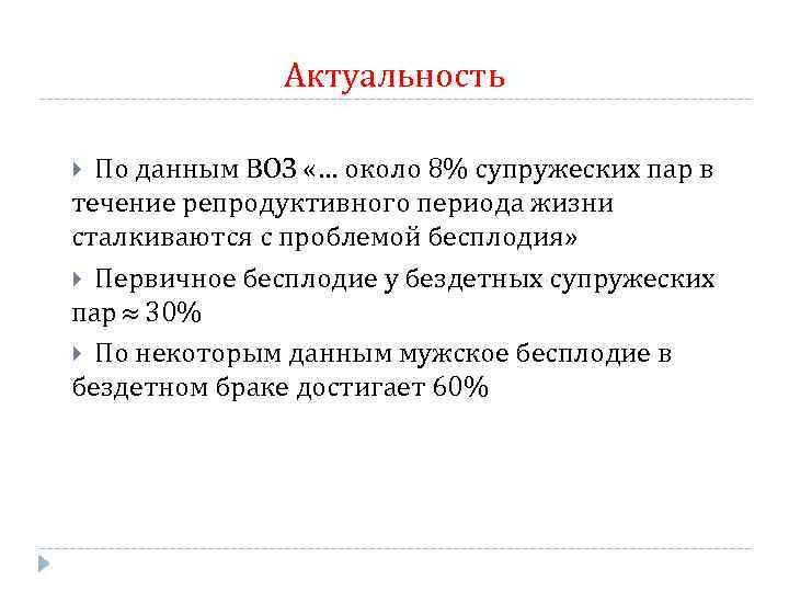 Актуальность По данным ВОЗ «… около 8% супружеских пар в течение репродуктивного периода жизни