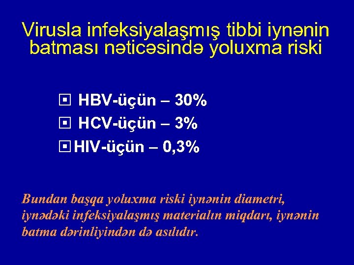 Virusla infeksiyalaşmış tibbi iynənin batması nəticəsində yoluxma riski HBV-üçün – 30% HCV-üçün – 3%