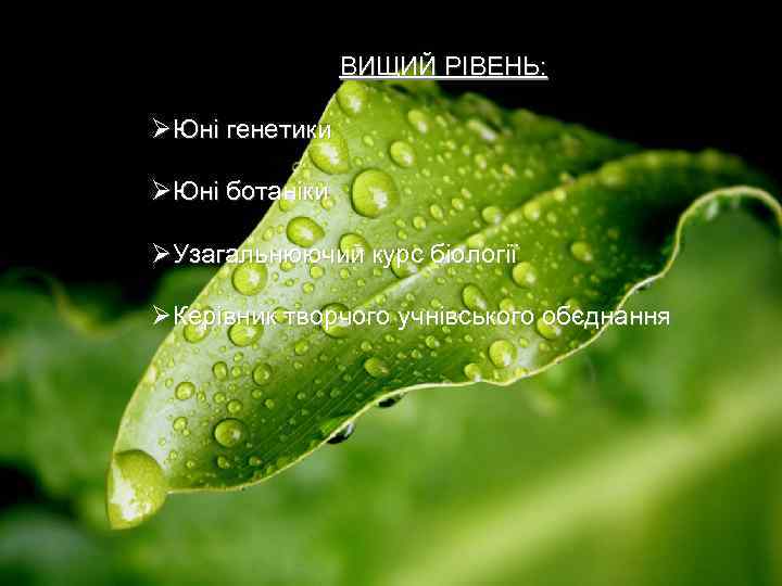  ВИЩИЙ РІВЕНЬ: ØЮні генетики ØЮні ботаніки ØУзагальнюючий курс біології ØКерівник творчого учнівського обєднання