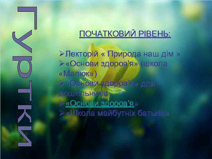  ПОЧАТКОВИЙ РІВЕНЬ: ØЛекторій « Природа наш дім » Ø «Основи здоров’я» (школа «Малюк»