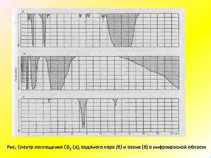 Рис. Спектр поглощения С 02 (а), водяного пара (б) и озона (б) в инфракрасной