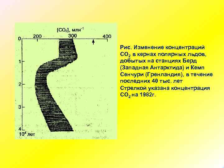 Рис. Изменение концентраций СO 2 в кернах полярных льдов, добытых на станциях Берд (Западная