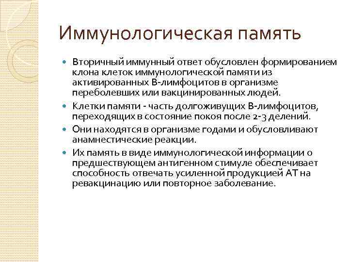 Иммунологическая память Вторичный иммунный ответ обусловлен формированием клона клеток иммунологической памяти из активированных В-лимфоцитов