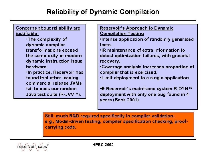 Reliability of Dynamic Compilation Concerns about reliability are justifiable: • The complexity of dynamic
