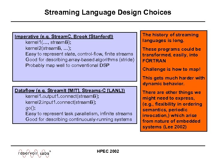 Streaming Language Design Choices Imperative (e. g. Stream. C, Brook [Stanford]) kernel 1(…, stream.