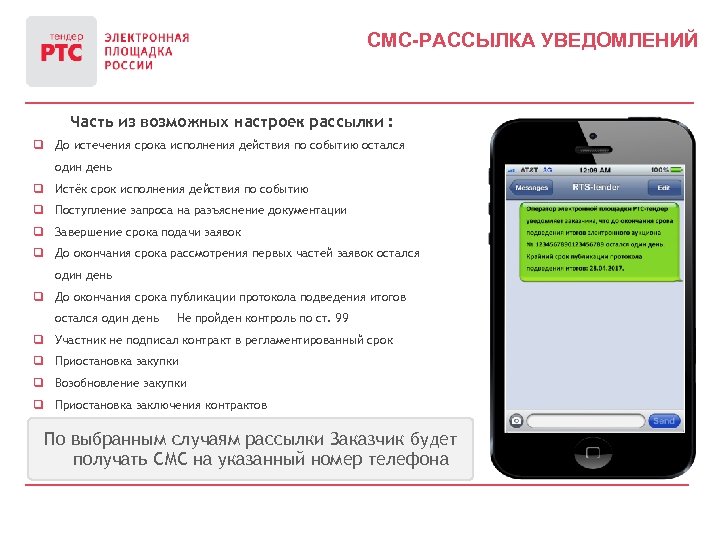 СМС-РАССЫЛКА УВЕДОМЛЕНИЙ Часть из возможных настроек рассылки : q До истечения срока исполнения действия