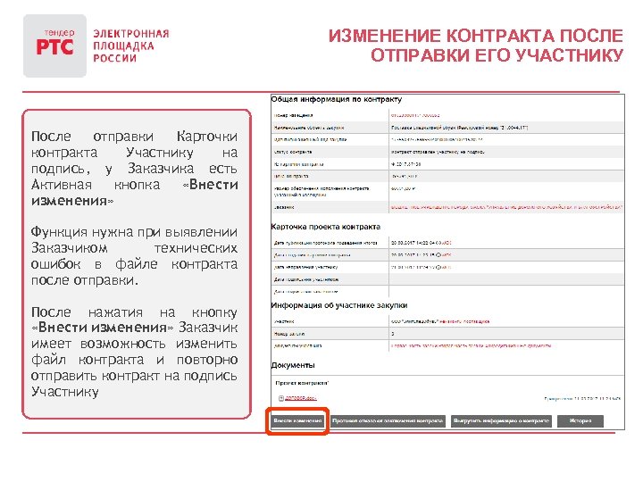 ИЗМЕНЕНИЕ КОНТРАКТА ПОСЛЕ ОТПРАВКИ ЕГО УЧАСТНИКУ После отправки Карточки контракта Участнику на подпись, у