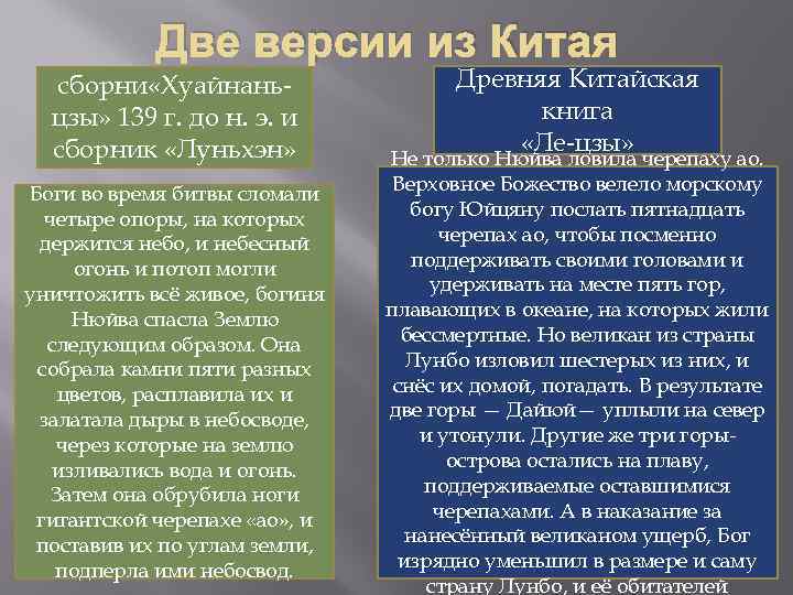 Две версии из Китая сборни «Хуайнаньцзы» 139 г. до н. э. и сборник «Луньхэн»