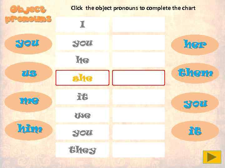 Click the object pronouns to complete the chart I you us me you he