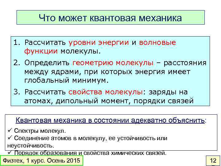 Что может квантовая механика 1. Рассчитать уровни энергии и волновые функции молекулы. 2. Определить