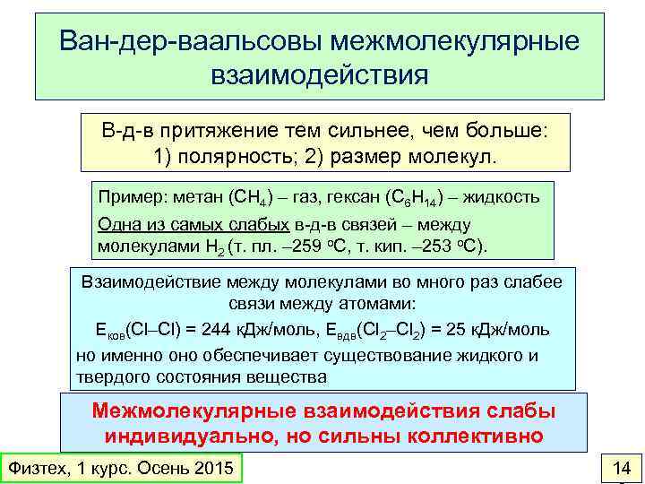 Ван-дер-ваальсовы межмолекулярные взаимодействия В-д-в притяжение тем сильнее, чем больше: 1) полярность; 2) размер молекул.