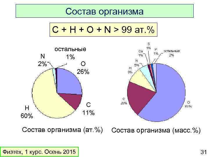 Состав организма C + H + O + N > 99 ат. % N