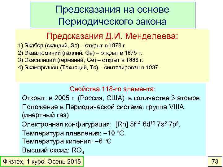Предсказания на основе Периодического закона Предсказания Д. И. Менделеева: 1) Экабор (скандий, Sc) –