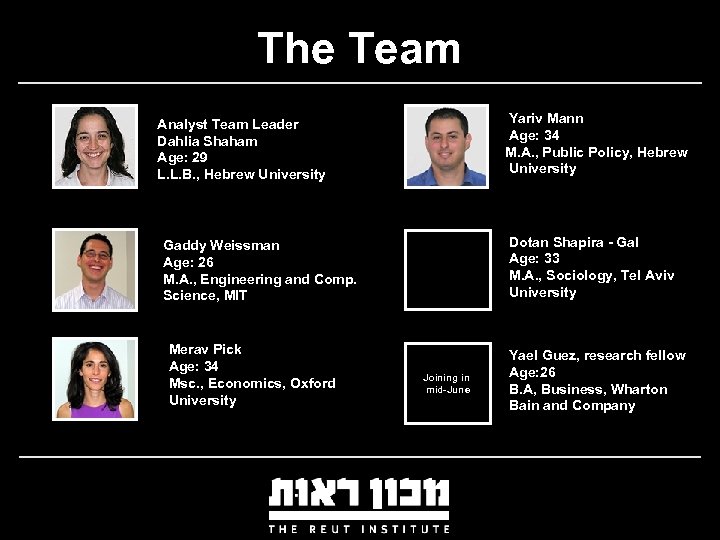 The Team Yariv Mann Age: 34 M. A. , Public Policy, Hebrew University Analyst