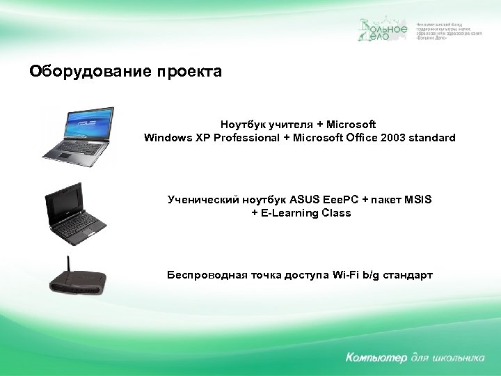 Оборудование проекта Ноутбук учителя + Microsoft Windows XP Professional + Microsoft Office 2003 standard