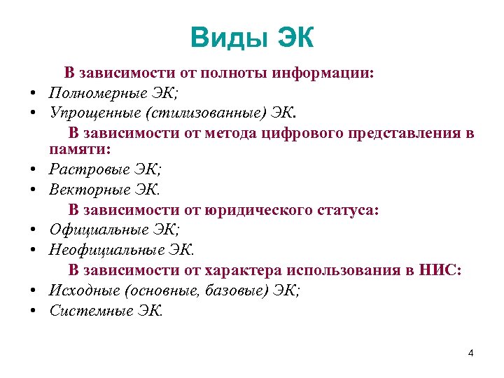 Виды ЭК • • В зависимости от полноты информации: Полномерные ЭК; Упрощенные (стилизованные) ЭК.