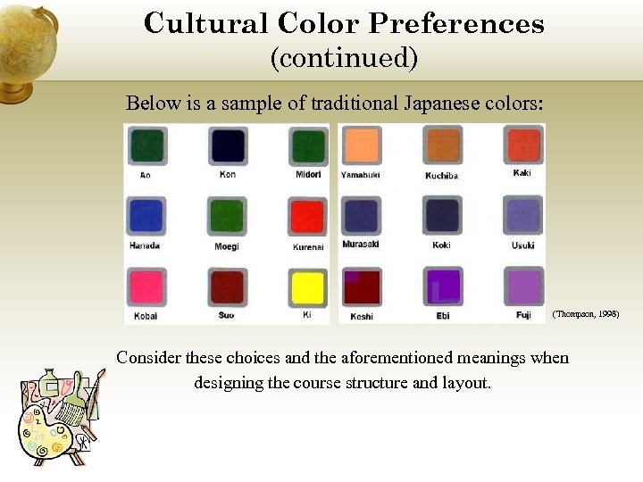 Cultural Color Preferences (continued) Below is a sample of traditional Japanese colors: (Thompson, 1998)