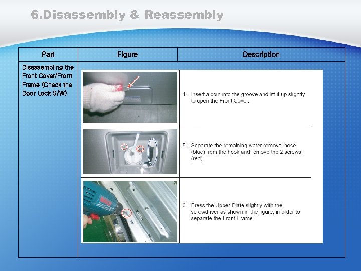 6. Disassembly & Reassembly Part Disassembling the Front Cover/Front Frame (Check the Door Lock