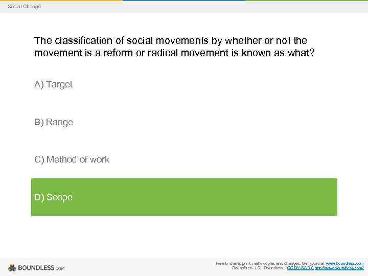 Social Change The classification of social movements by whether or not the movement is