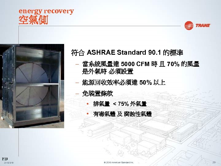 energy recovery 空氣側 符合 ASHRAE Standard 90. 1 的標準 – 當系統風量達 5000 CFM 時