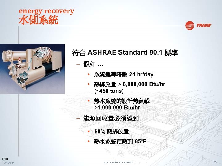 energy recovery 水側系統 符合 ASHRAE Standard 90. 1 標準 – 假如 … • 系統運轉時數