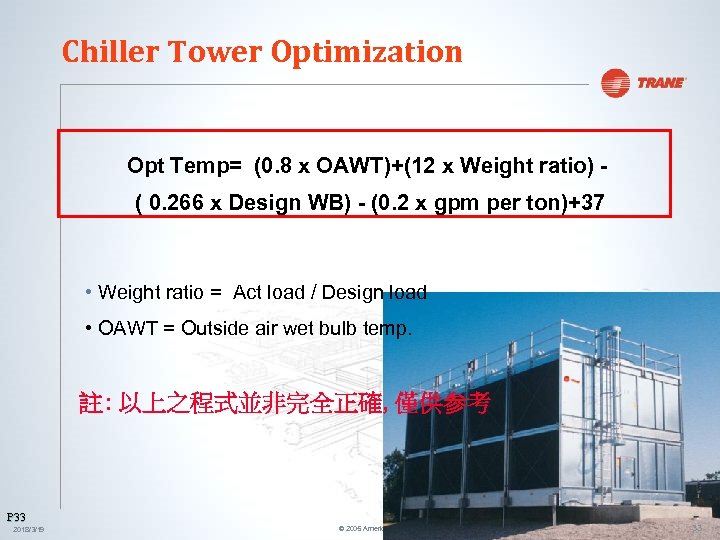 Chiller Tower Optimization Opt Temp= (0. 8 x OAWT)+(12 x Weight ratio) ( 0.