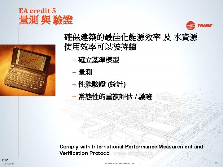 EA credit 5 量測 與 驗證 確保建築的最佳化能源效率 及 水資源 使用效率可以被持續 – 確立基準模型 – 量測