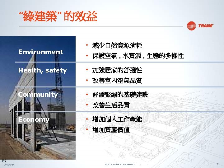 “綠建築” 的效益 Environment Health, safety • 減少自然資源消耗 • 保護空氣 , 水資源 , 生態的多樣性 •