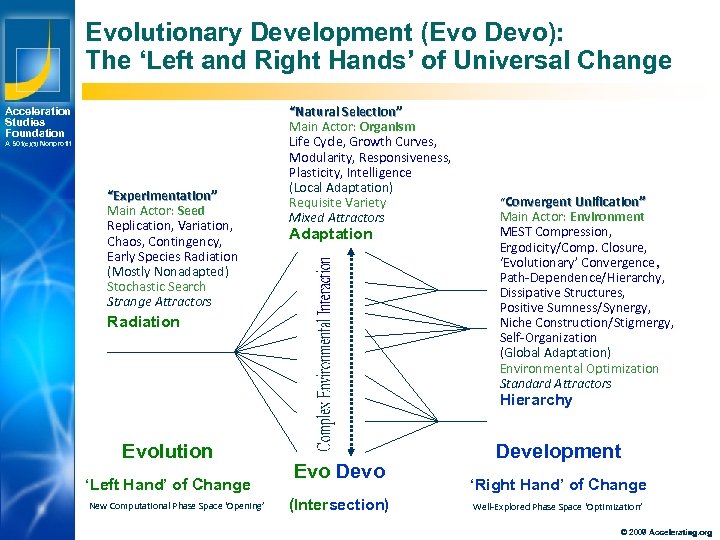 Evolutionary Development (Evo Devo): The ‘Left and Right Hands’ of Universal Change Acceleration Studies