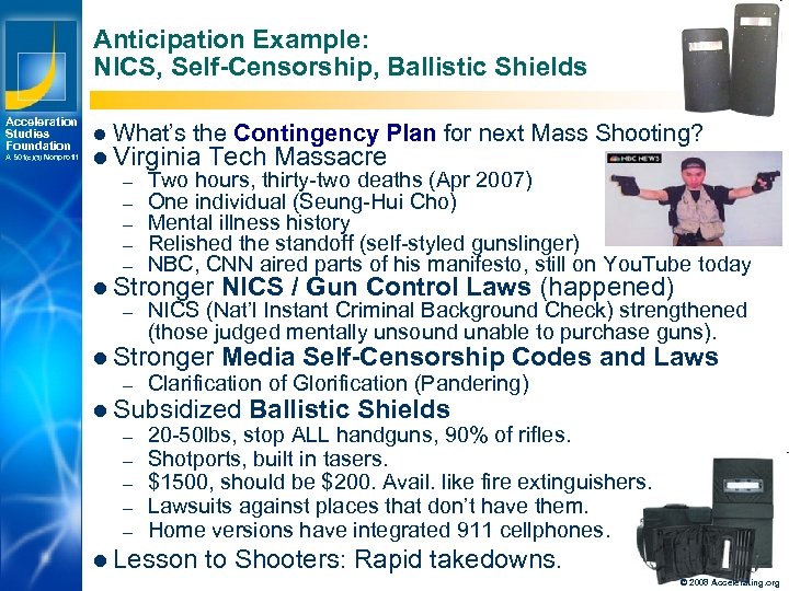 Anticipation Example: NICS, Self-Censorship, Ballistic Shields Acceleration Studies Foundation A 501(c)(3) Nonprofit l What’s