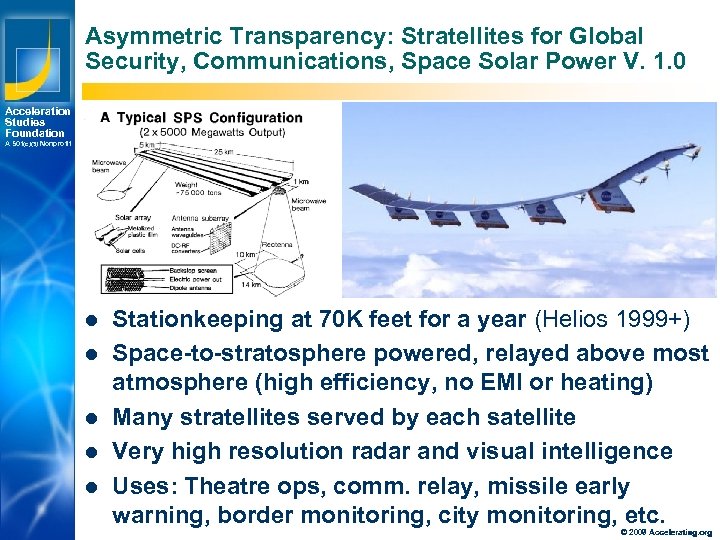 Asymmetric Transparency: Stratellites for Global Security, Communications, Space Solar Power V. 1. 0 Acceleration