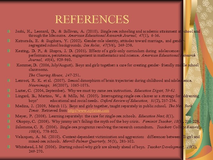 REFERENCES Joshi, H. , Leonard, D. , & Sullivan, A. (2010). Single sex schooling