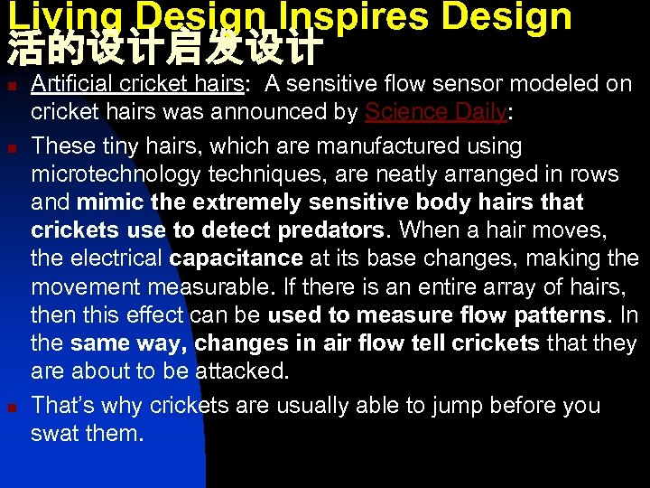 Living Design Inspires Design 活的设计启发设计 n n n Artificial cricket hairs: A sensitive flow