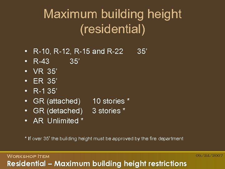 Maximum building height (residential) • • R-10, R-12, R-15 and R-22 R-43 35’ VR