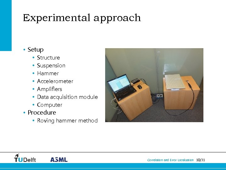 Experimental approach • Setup • • Structure Suspension Hammer Accelerometer Amplifiers Data acquisition module