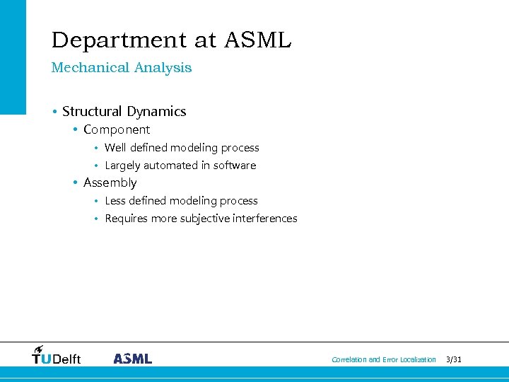 Department at ASML Mechanical Analysis • Structural Dynamics • Component • Well defined modeling