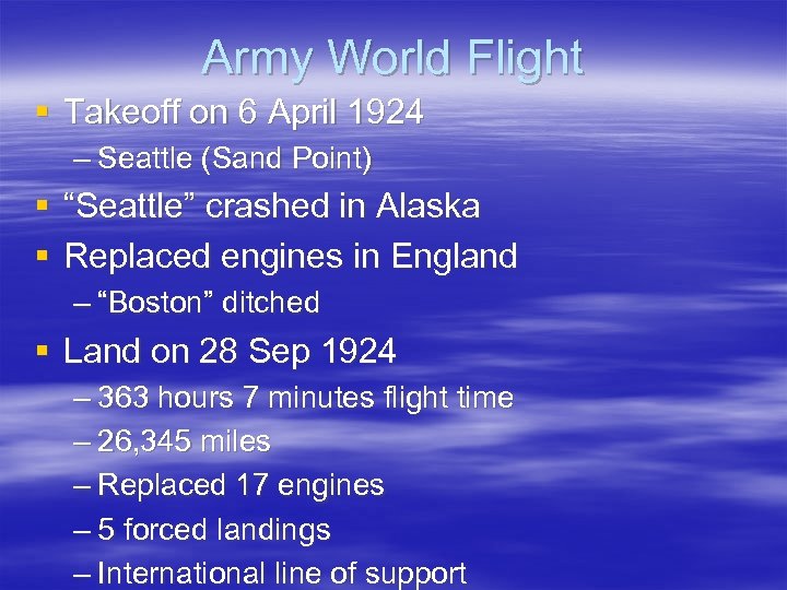 Army World Flight § Takeoff on 6 April 1924 – Seattle (Sand Point) §
