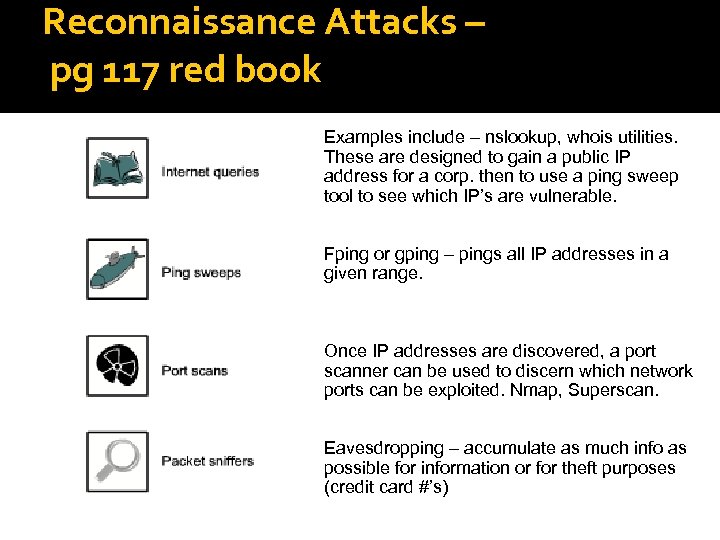 Reconnaissance Attacks – pg 117 red book Examples include – nslookup, whois utilities. These