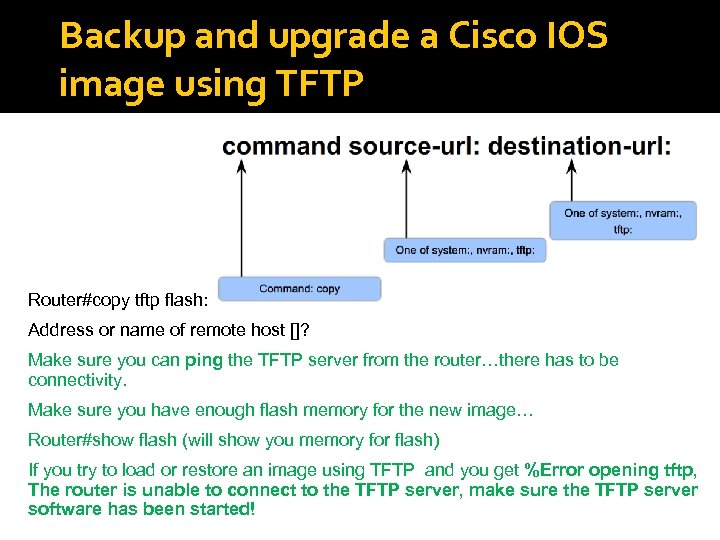 Backup and upgrade a Cisco IOS image using TFTP Router#copy tftp flash: Address or